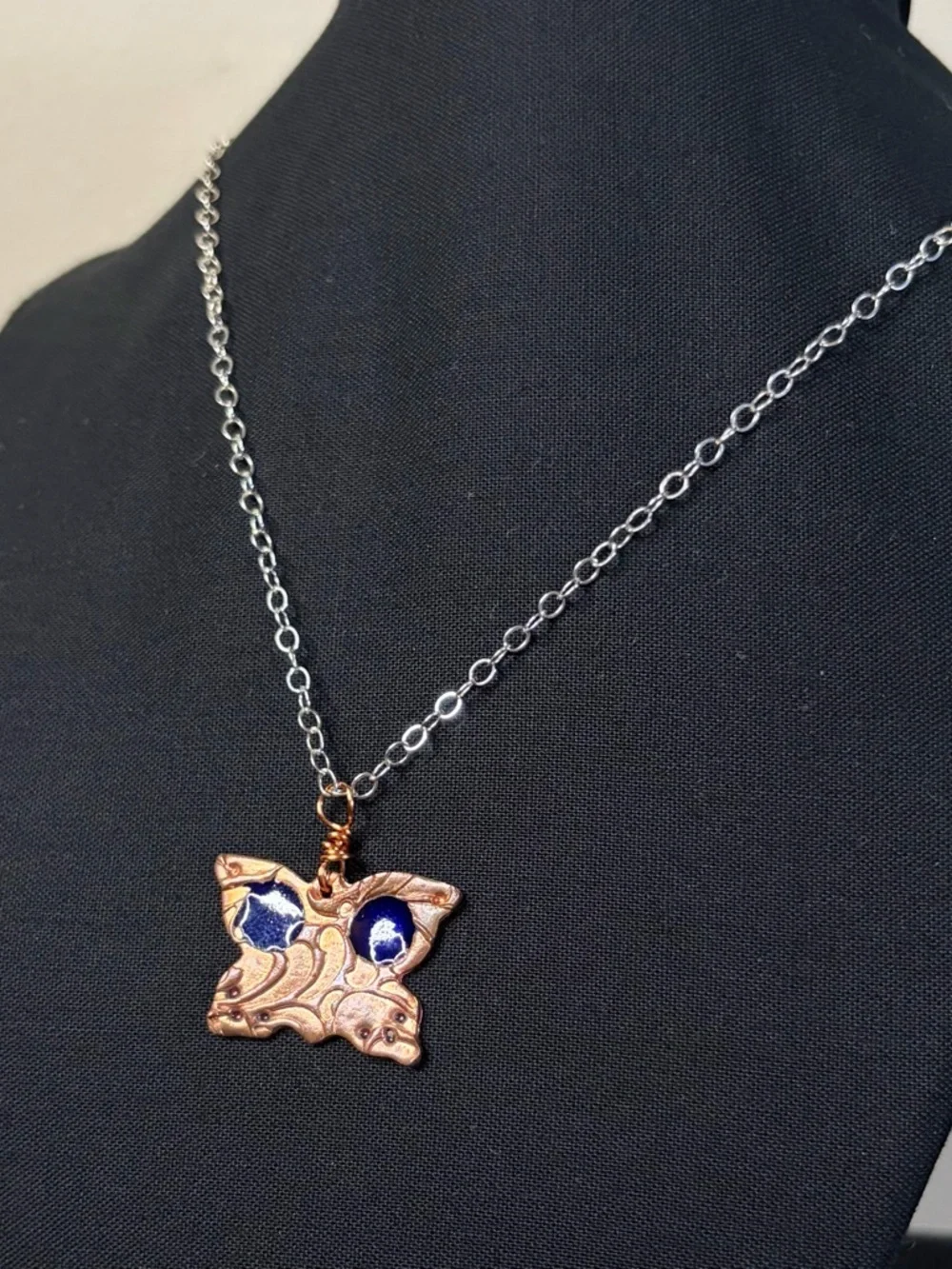 Copper Blue Enamel Butterfly Sterling Silver Artisan Crafted Necklace